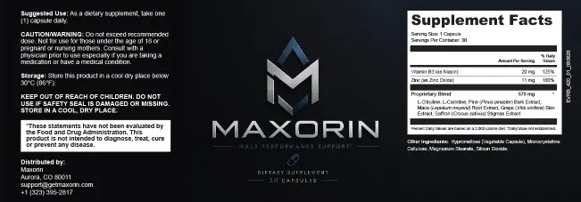 Full Maxorin bottle label showing suggested use, warnings, storage, and Supplement Facts panel